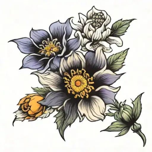 larkspur, poppy, aster, marigold flower tattoo design idea
