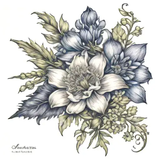 larkspur, poppy, aster, marigold flower tattoo design idea