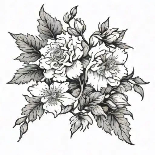 larkspur, poppy, aster, marigold flower tattoo design idea