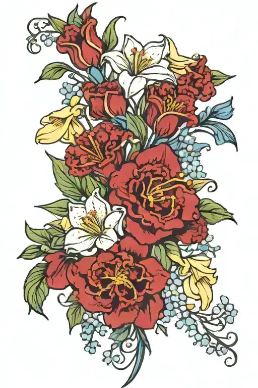simple boquete of deep red carnations, white lily of the valley, yellow daffodils, white daisies, and blue morning glory tattoo design idea