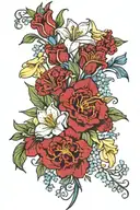 simple boquete of deep red carnations, white lily of the valley, yellow daffodils, white daisies, and blue morning glory tattoo design idea