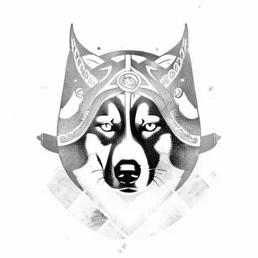 A husky, as a viking, sailing in a longship tattoo design idea