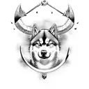 A Viking lifting a massive hammer while surrounded by a husky and a germanshepherd tattoo design idea