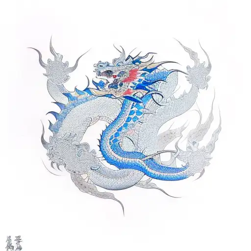   "Create a Japanese-inspired dragon tattoo design featuring intricate floral patterns in shades of blue" tattoo design idea