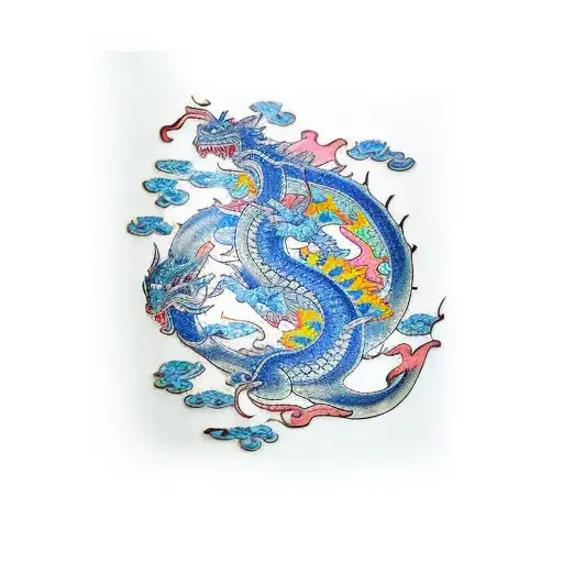 Japanese-style forearm tattoo featuring majestic dragons and delicate blue flowers in an intricate, eye-catchin tattoo design idea