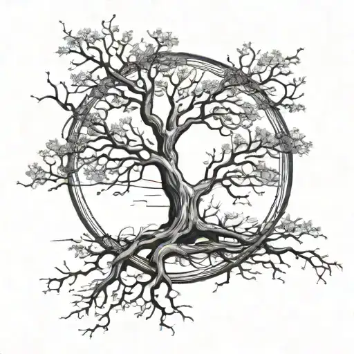 bare tree with no leaves being held by two rods and few leaves falling tattoo design idea