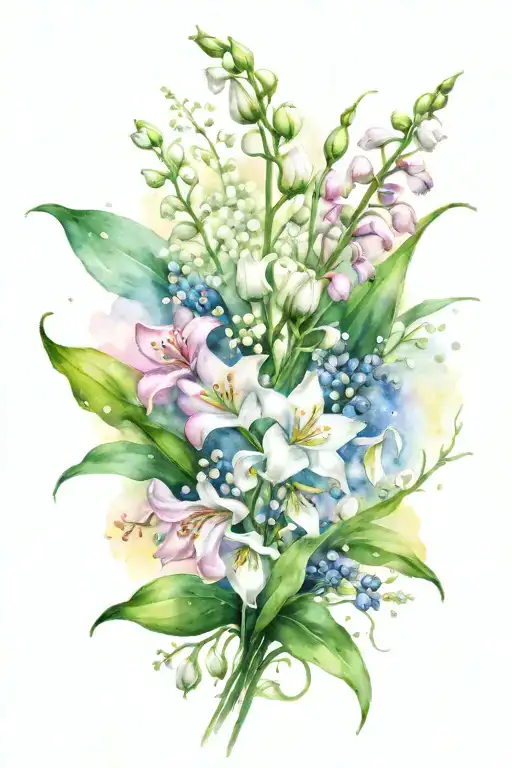 lily of the valley + cosmos flowers bouquet tattoo design idea