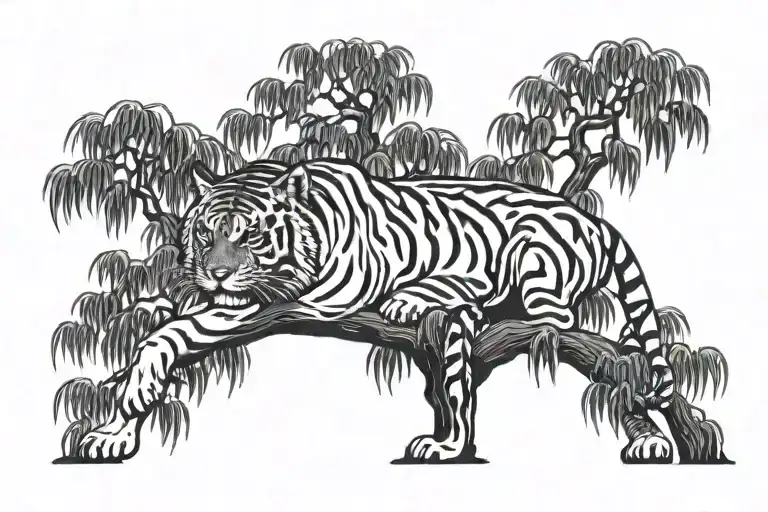 weeping willow tree with tiger wearing bandana around neck tattoo design idea