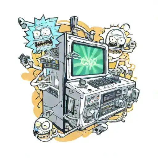 A new-school design of a gaming console morphing into a musical instrument with Rick and Morty characters peeking out tattoo design idea