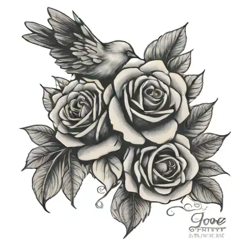 roses, a bird and text " love my granny "  tattoo design idea