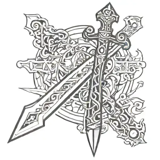 Abstract line art of the Excalibur sword tattoo design idea
