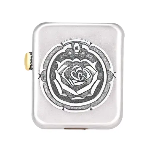 Grandads cigar case with TD on it in black and grey with a gold necklace around it with the name Rose spelt in arabic tattoo design idea