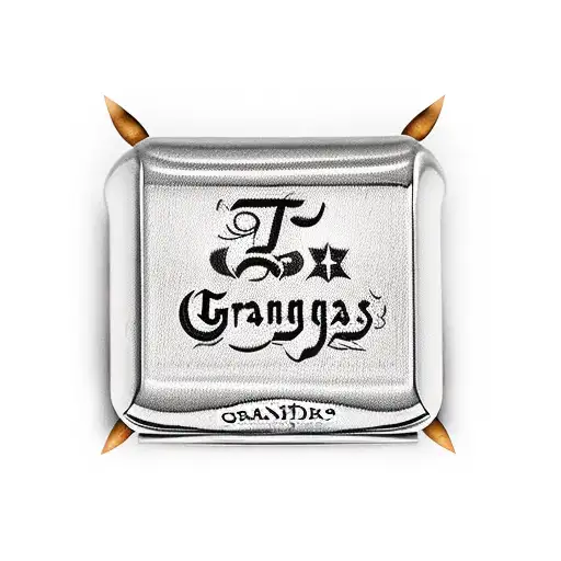 Grandads cigar case with TD on it in black and grey with a gold necklace around it with the name Rose spelt in arabic tattoo design idea