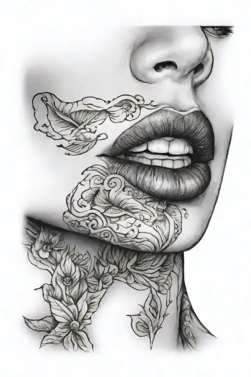 a woman with fuller lips, a sexy look, pronounced eyeliner, a sultry expression, looking slightly to the side, with her  tattoo design idea