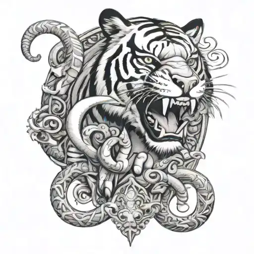 A tattoo of one big tiger with closed mouth behind an open horseshoe with 1 dragon and a chimpanzee each side of the hor tattoo design idea