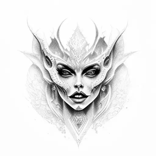 Wicked Smirking Gorgeous Demon woman Gothica Intricate comprehensive tattoo design idea