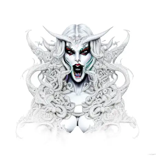 Wicked Smirking Gorgeous Demon woman Gothica Intricate comprehensive full body tattoo design idea