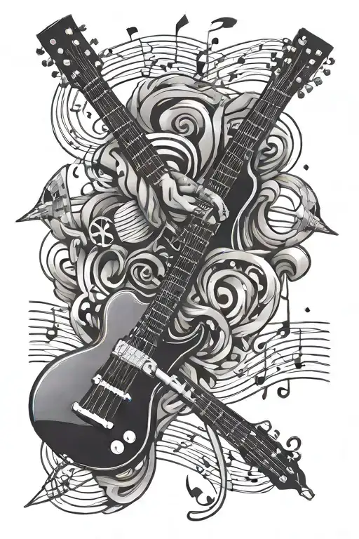 music, music notes, guitar, drumsticks, microphone, music bars, 🎶,  autographs  tattoo design idea