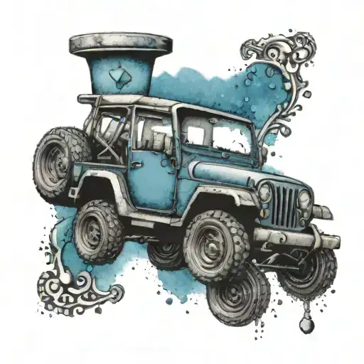 A dotwork tattoo of a jeep driving through a blue hourglass, symbolizing the passage of time tattoo design idea