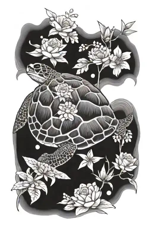 sea turtle with flowers growing tattoo design idea