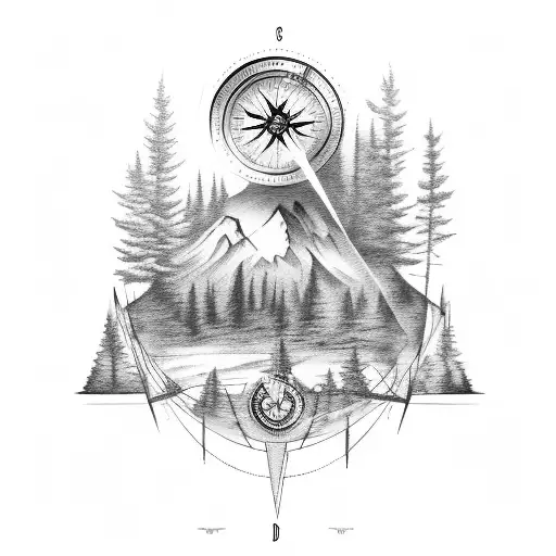 Tatoo design having a compass and longitude and latitudinal lines with forest and mountain touch in it" tattoo design idea