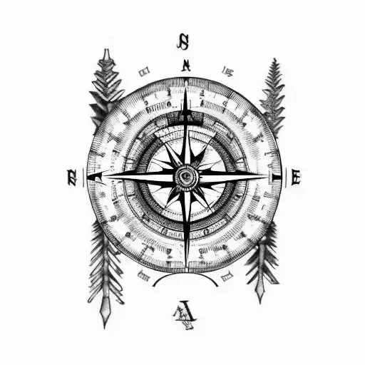 arm tatoo design having compass and longitudinal and latitudinal cross lines with a touch of mountain and forests  trave tattoo design idea