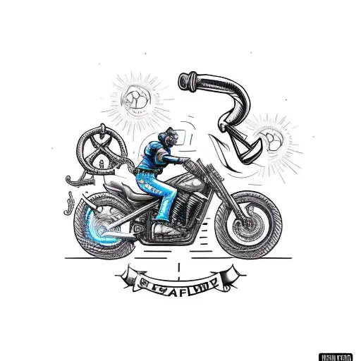 A biker riding a ship's anchor with welding sparks trailing behind tattoo design idea