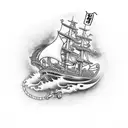 A biker riding a ship's anchor with welding sparks trailing behind tattoo design idea