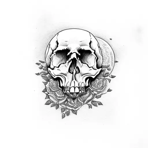 skull made by a tree in front of a blood moon tattoo design idea