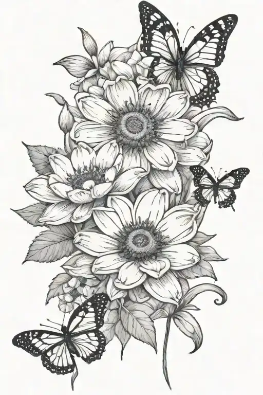 daisy, poppy, water lily, butterfly, poppy, gladiolus tattoo design idea