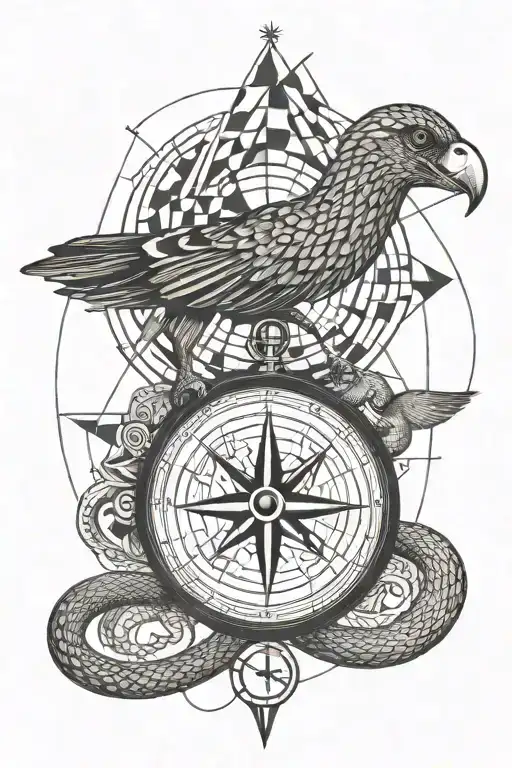 A compass with a snake and a minimal flying crow tattoo design idea