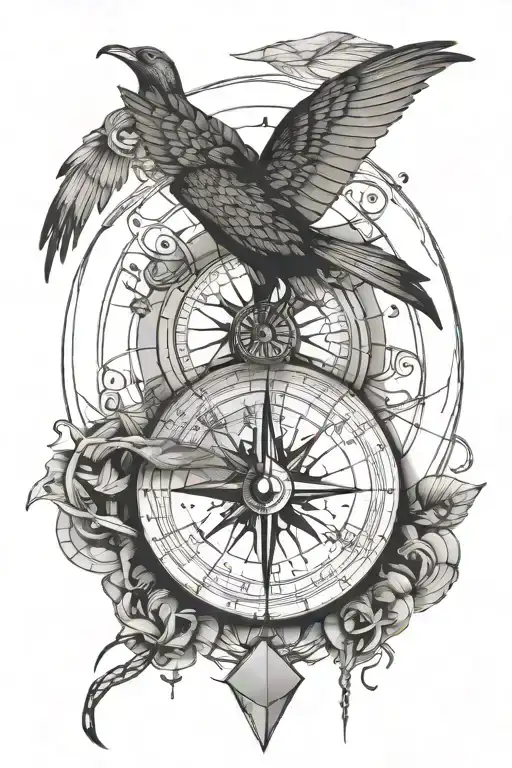 A compass with a snake and a minimal flying crow tattoo design idea