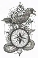 A compass with a snake and a minimal flying crow tattoo design idea