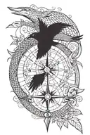 A compass with a snake and a minimal flying crow tattoo design idea
