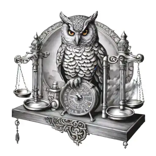 A surreal scene of an owl painting a masterpiece on a canvas balanced on Libra scales tattoo design idea