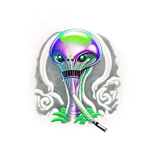 comic alien smokes weed tattoo design idea