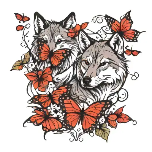 red butterflies with wolf  tattoo design idea
