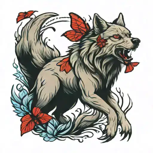 wolf with red butterflie flying tattoo design idea