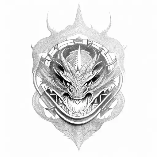 A dragon breathing fire while wearing a helmet with metalworker tools tattoo design idea