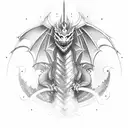 A dragon breathing fire while wearing a helmet with metalworker tools tattoo design idea