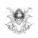 A dragon breathing fire while wearing a helmet with metalworker tools tattoo design idea
