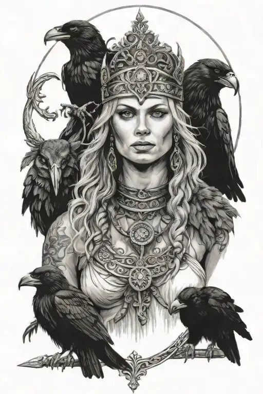 freya norse goddes with two ravens and viking ships tattoo design idea