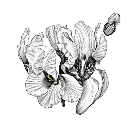 iris flower, dancing lady orchid, black and white cat, fine line  tattoo design idea