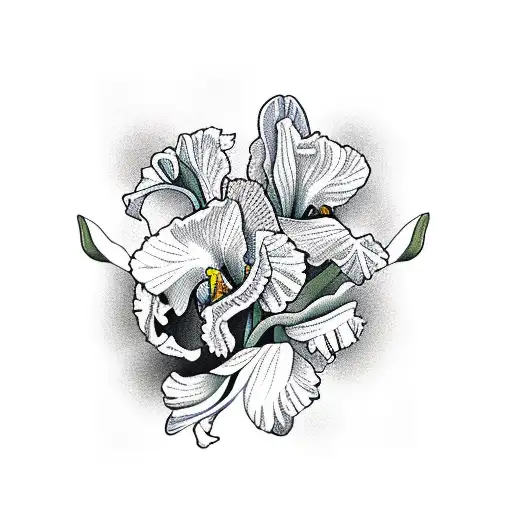 iris flower and dancing lady orchid and cat, fine line  tattoo design idea