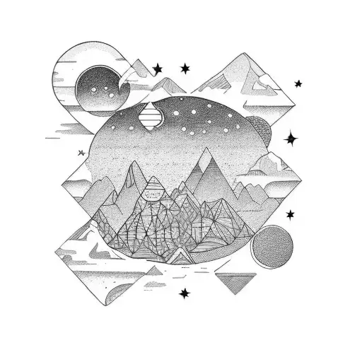 A group of friends exploring a surreal landscape tattoo design idea