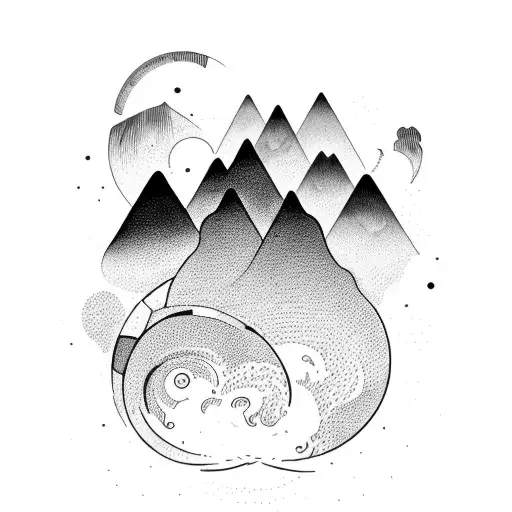 a stack of five books, the top book open with swirls coming out of it with a mountain with three stars above the peak tattoo design idea