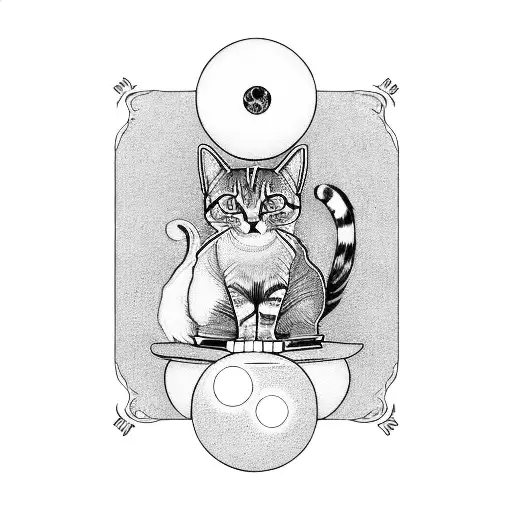 A mystical cat sitting on a stack of tarot cards with a crystal ball tattoo design idea