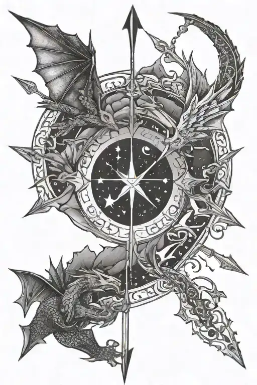 two crossed arrows in centre, three small dragons flying, fantasy scene, mountain and stars,, crescent moon, swords,  tattoo design idea
