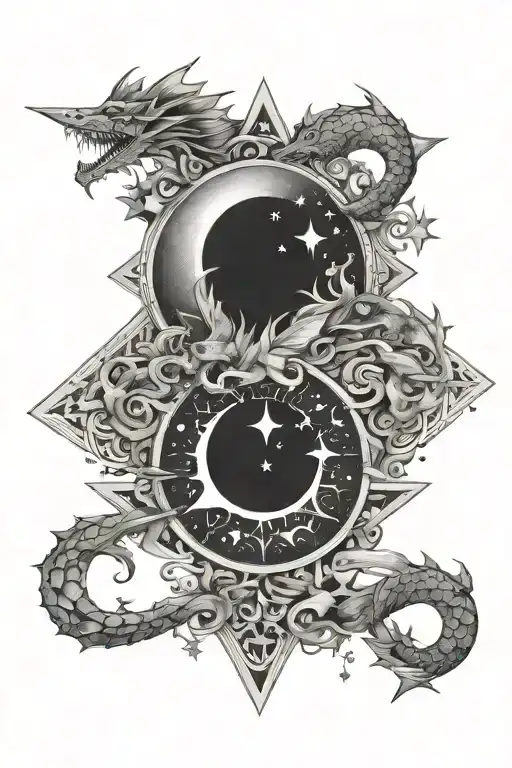 two crossed arrows in centre, three small dragons flying, mountain and stars, crescent moon, feminine tattoo design idea