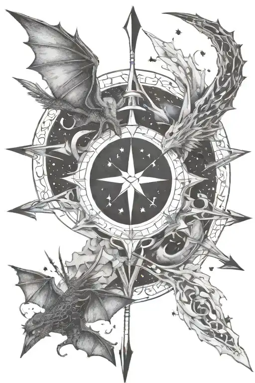 two crossed arrows in centre, three small dragons flying, fantasy scene, mountain and stars,, crescent moon, feminine  tattoo design idea